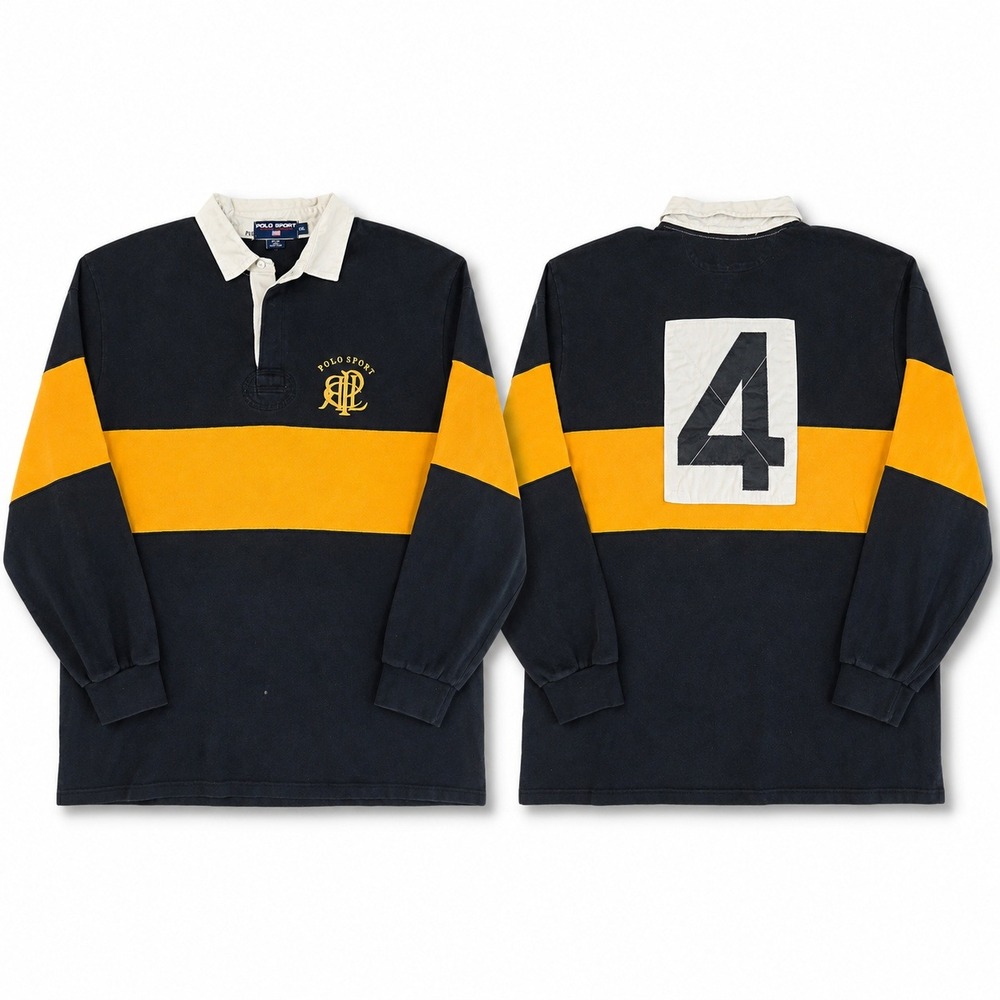 Polo Sport Ralph Lauren Rugby Shirt XXL Black Yellow Stripe Vintage Back Patch
